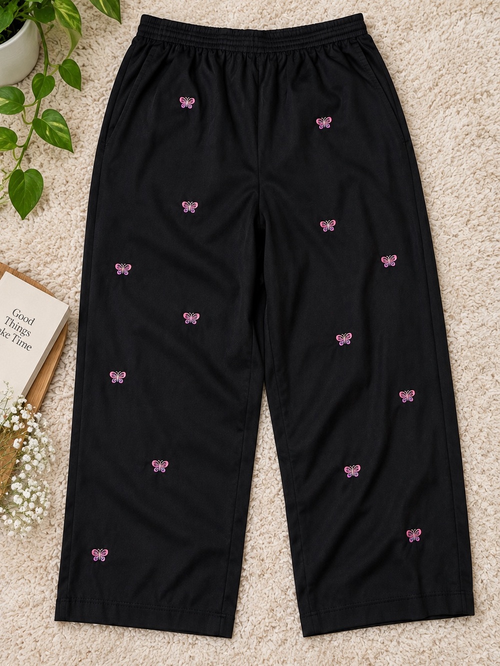 Alfred Dunner Women’s Size 10 Black Pull On Pants Embroidered Butterfly